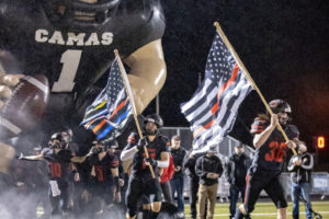 Camas Papermakers take to the field at Doc Harris Stadium on Friday, Oct. 28, 2022, in a game against Battle Ground that decided the Greater St. Helens League's 4A football champions. (Contributed photo courtesy of The Columbian)