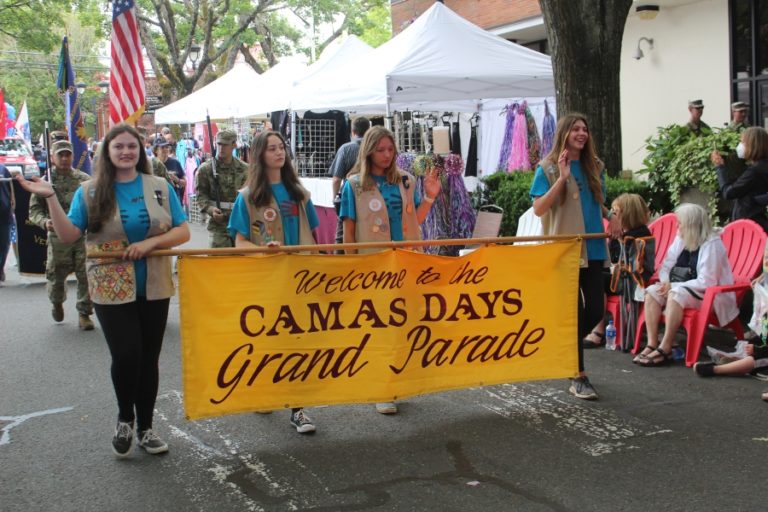 Doug Flanagan/Post-Record 
 Members of the Washougal-based Girl Scout Troop 45703 march during the Camas Days Grand Parade on  Saturday, July 23.