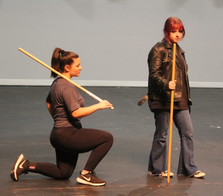 Claire Siefert (left) talks to PJ Hopmeier Mitchell during the Washougal High School drama department&#039;s rehearsal session for its upcoming production of &quot;She Kills Monsters: Young Adventurers Edition&quot; on Thursday, Nov. 2.