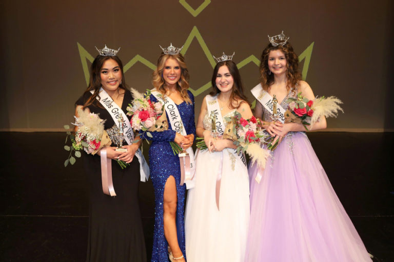 Contributed photo courtesy Keith Krueger 
 Washougal High School junior Tia Williams (second from right), the 2023 Miss Clark County&#039;s Outstanding Teen, poses for a photograph with Miss Greater Vancouver Kayla Sousa (left), Miss Clark County Vanessa Munson (second from left) and Miss Greater Vancouver&#039;s Outstanding Teen Maddie Wallingford on Sunday, Nov. 13, in Ridgefield.