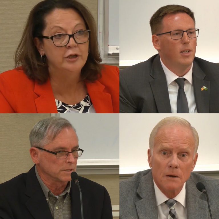 Candidates running for Washington's 17th legislative district, in positions 1 and 2 include (clockwise from upper left): Democratic Position 1 candidate Terri Niles, Republican Position 1 candidate Kevin Waters, Republican Position 2 incumbent Rep. Paul Harris and Democratic Position 2 candidate Joe Kear. (Screenshots from Oct.