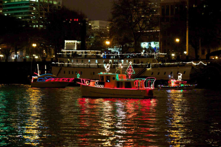 Decorated, lighted boats parade near Portland-Vancouver during a past Christmas Ships event. The 2022 Christmas Ships will gather on the Washougal waterfront and parade for about an hour, beginning at 6 p.m. Saturday, Dec. 3.
