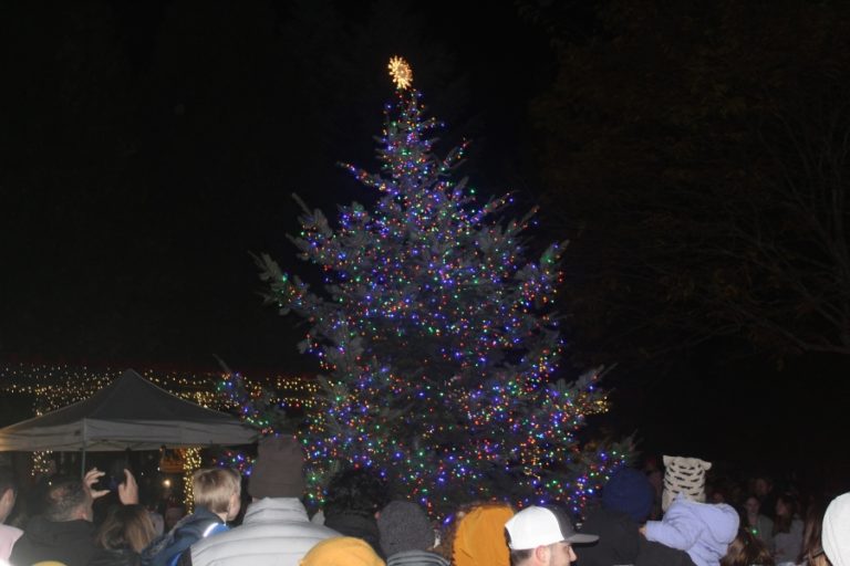 A 17-foot-tall Douglas Fir tree, donated by Washougal residents Larry and Sherri Keister, lights up the center of Reflection Plaza on Thursday, Dec. 1, at the city of Washougal&#039;s annual Christmas Parade and Tree Lighting event.