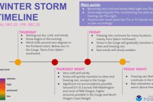 A National Weather Service, Portland graphic shows the expected timeline for a winter storm expected to blanket the Portland-Vancouver region in ice, sleet ahead of holiday weekend. (Graphic courtesy of National Weather Service, Portland) 