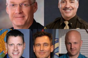 The search for Camas' next police chief has narrowed to five top candidates (clockwise from upper left): John Bruce, Dennis Flynn, James Quackenbush, Matthew Siekmann and Bill Steele. (Photos courtesy of the city of Camas)