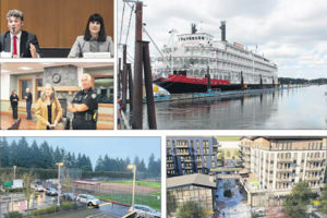 Clockwise from upper right: The American Empress riverboat docks at Parker’s Landing Marina in Washougal for the first time June 8, 2022. (Post-Record files); YBA Architects’ new renderings of the Hyas Point waterfront development project show the first phase of construction, which will include four mixed-use buildings and several streets and get under way in 2023. (Contributed graphic courtesy of the Port of Camas-Washougal); Vehicles carrying Camas School District students and staff line up at the school district’s COVID-testing site at Doc Harris Stadium Jan. 18, 2022. (Contributed photo courtesy of the Camas School District); Camas Police Chief Mitch Lackey (right) and the city’s finance director, Cathy Huber Nickerson, attend the 2022 Camas State of the Community on Sept. 15, 2022. (Post-Record files); and Democratic candidate for Washington's 3rd Congressional District Marie Gluesenkamp Perez, right, looks skyward while Republican candidate Joe Kent gives his closing remarks on Saturday during a debate at the Vancouver Community Library. (Contributed photo by Taylor Balkom, courtesy of The Columbian files)