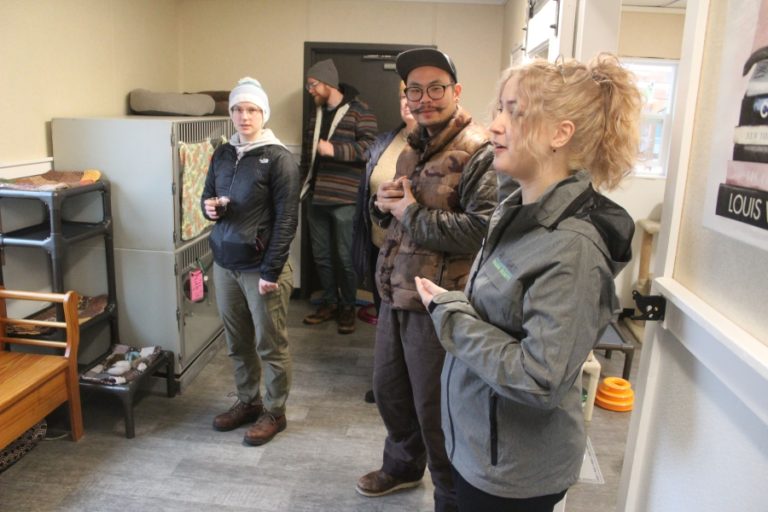 Doug Flanagan/Post-Record 
 West Columbia Gorge Humane Society shelter assistant Mary Jadid (right) leads visitors on a tour of the humane society&#039;s new cat shelter on Saturday, Jan. 21.