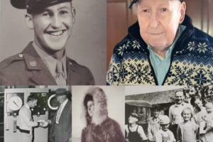 Ken Shold, of Washougal, who will turn 100 on Jan. 23, 2023, is pictured throughout his life (clockwise from upper left): in basic training for the United States Army in 1942; at his home in Washougal in January 2023; as an infant with his mother, father, three brothers, sister and the family dog in Port Townsend, Wash., in 1923; during his first trip to Alaska at the age of 18, in 1941; and at the Camas pulp and paper mill, where he worked as a superintendent for more than three decades, in the 1960s. (Photos courtesy of Gayle Ann Jarvie) 