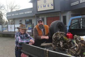 Ron Chant (left) and Outlaw Country Radio disc jockey Sam Morris stand outside the Washougal Times on Jan. 23, 2023. (Doug Flanagan/Post-Record)