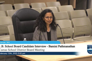 Bamini Pathmanathan, of Camas, answers questions during a Camas School Board workshop on Monday, Feb. 13, 2023. (Screenshot by Kelly Moyer/Post-Record)