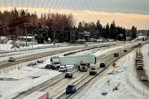 A jackknifed semi is blocking two lanes of SB I-5 near La Center. (Photo courtesy of WSDOT)