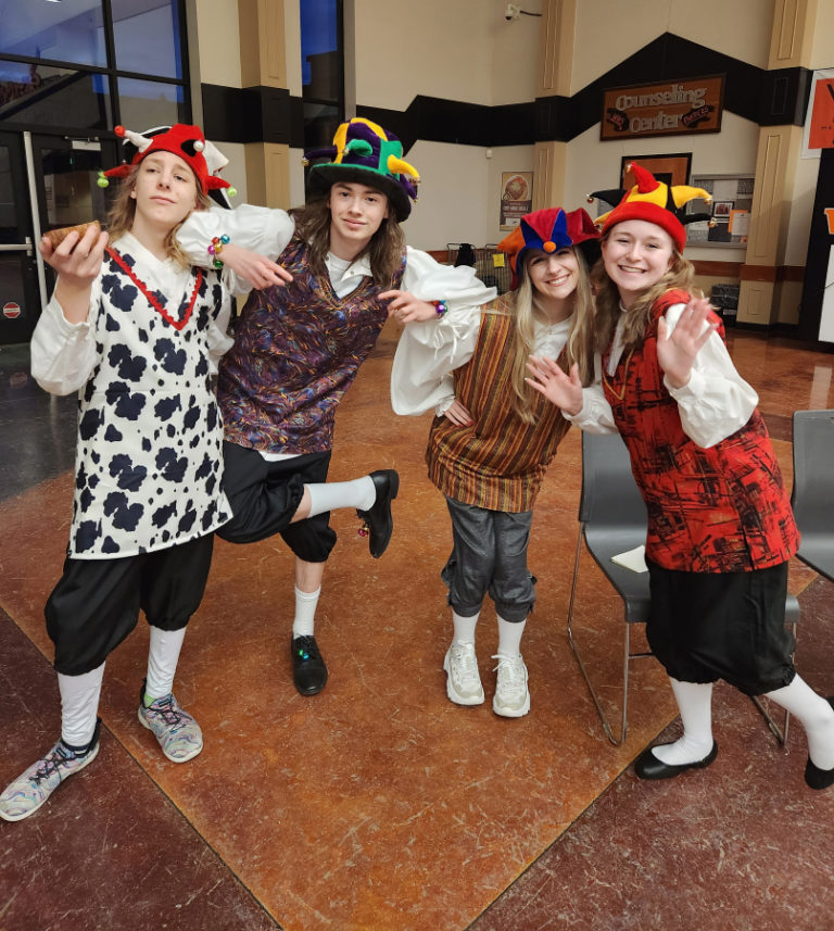 Washougal High School theater students pose for a photo during a rehearsal session for the school&#039;s renaissance dinner theater performance in February 2023.