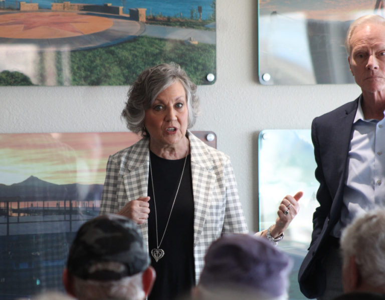 State Sen. Lynda Wilson (R-17th District) and Rep. Paul Harris (R-17th District) (center) speak during a legislative town hall held Saturday, March 18, 2023, at the Port of Camas-Washougal headquarters in Washougal.