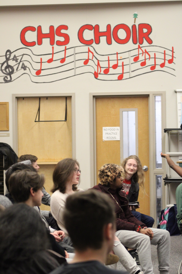 Students in Camas High School teacher Ethan Chessin&#039;s first-period choir class wait to rehearse two songs composed by local musicians on Friday, March 17, 2023.