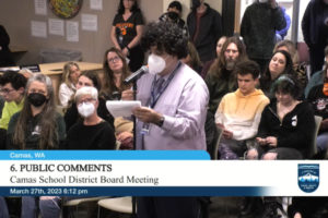 Skyridge Middle School teacher Michael Sanchez, vice president of the Camas Education Association union representing Camas School District educators, speaks to Camas School Board members about the district's plan to cut $6 million from its 2023-24 budget, during a school board meeting held Monday, March 27, 2023, at the school district's administration offices. (Screenshot by Kelly Moyer/Post-Record)