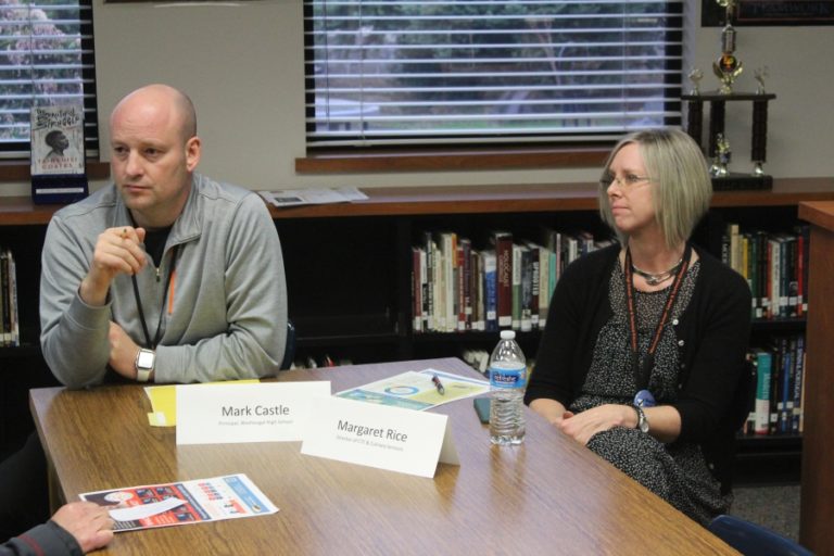Doug Flanagan/Post-Record 
 Washougal High School principal Mark Castle (left) and Washougal School District career and technical education director Margaret Rice talk with a community member during the WSD&#039;s &quot;listening tour&quot; session at Washougal High on Tuesday, Feb. 28.