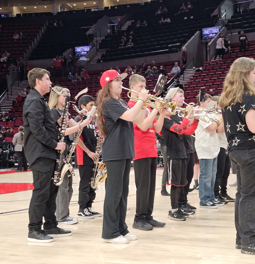 Contributed photo courtesy Jennifer Hodapp
Members of the Jemtegaard Middle School wind ensemble perform a song at the Moda Center in Portland before the start of the Portland Trail Blazers' game against the Sacramento Kings on Wednesday, March 29.