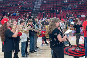 Members of the Jemtegaard Middle School wind ensemble perform Wednesday, March 29, 2023, at the Moda Center in Portland, Ore., before the start of the Portland Trail Blazers' basketball game against the Sacramento Kings. (Contributed photo courtesy of Jennifer Hodapp)