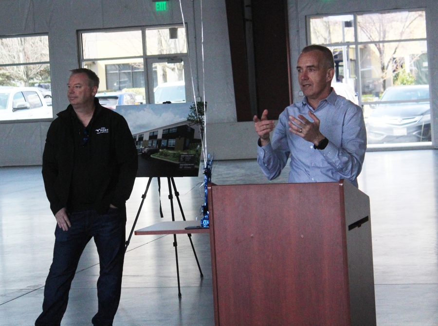 Port of Camas-Washougal Chief Executive Officer David Ripp (right) speaks as Derek Jaeger, the Port's business development director, looks on Friday, April 14, 2023, during a grand-opening event for the Port's new industrial building in Washougal. (Doug Flanagan/Post-Record)