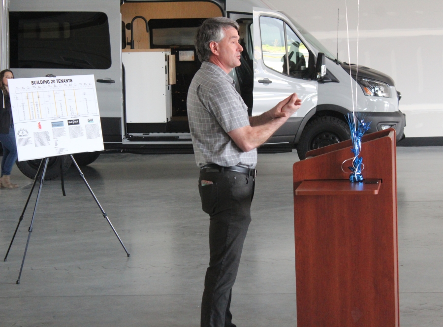 Port of Camas-Port of Camas-Washougal commissioner John Spencer speaks during the Port's grand-opening event for its new industrial building in Washougal on Friday, April 14. (Doug Flanagan/Post-Record)