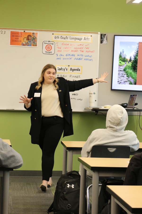 Lilly Zhukova, the co-founder of the Portland-based Slavic Vote nonprofit, speaks with Washougal students during Jemtegaard Middle School's Career Day event on Wednesday, April 19, 2023.
