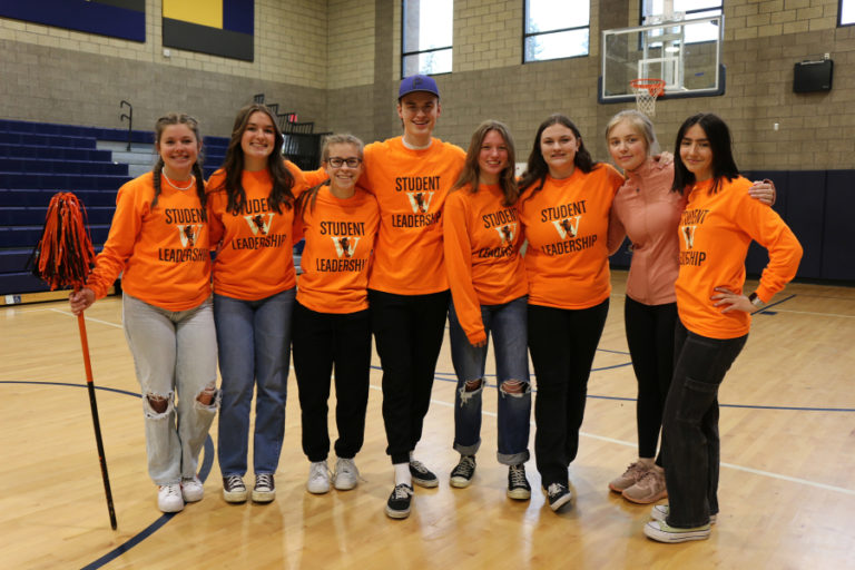 Contributed photo courtesy Washougal School District 
 Washougal High School students (from left to right) Anika Adams, Riley Vaughn, Erin Kutchera, Jude Maddox, Buggy Eakin, Kaylee Worral, Savannah Yokel, and Jaden Leonard lead a 'high school preparedness and welcome' assembly for Washougal eighth-grade students on Wednesday, April 19.