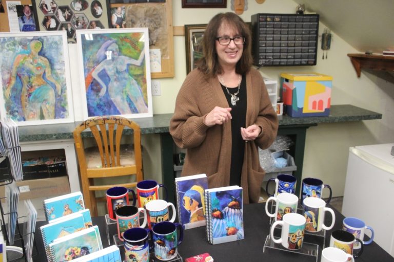 Doug Flanagan/Post-Record 
 Deborah Nagano talks about her artwork at the Adret Artist Collective shared studio on Thursday, May 5. (Doug Flanagan/Post-Record)