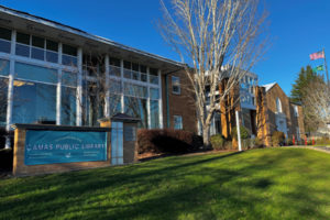 The Northeast Fourth Avenue entrance to the Camas Public Library is pictured on Sunday, Jan. 29, 2023. (Kelly Moyer/Post-Record files)