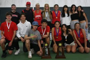 Washington Interscholastic Activities photo 
 Members of the Camas boys and girls tennis teams pose for a photo after winning their respective 4A state tournaments in Kennewick, Wash., on Saturday, May 27. (Contributed photo courtesy of the Washougal School District)