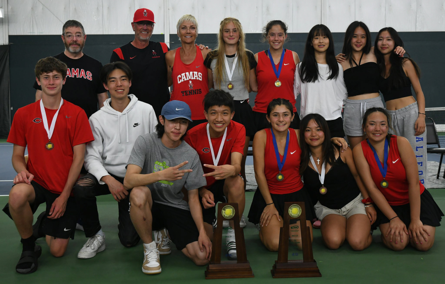 Washington Interscholastic Activities photo 
 Members of the Camas boys and girls tennis teams pose for a photo after winning their respective 4A state tournaments in Kennewick, Wash., on Saturday, May 27. (Contributed photo courtesy of the Washougal School District)