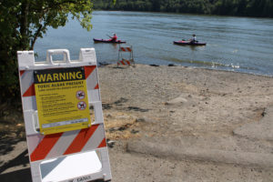 A sign warns visitors of toxic algae found in Lacamas Lake in July 2020. (Kelly Moyer/Post-Record files)