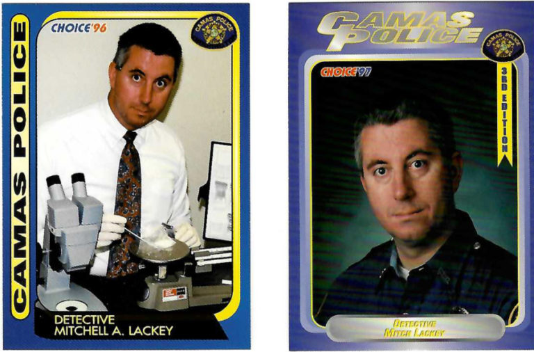 Camas Police Department "baseball cards" show retiring Camas Police Chief Mitch Lackey during his early days with the Camas Police Department in the 1990s and early 2000s. Lackey, who joined the department in 1990 as a police officer and worked his way up to police chief, spent the first weeks of July 2023, training his replacement, new Camas Police Chief Tina Jones.