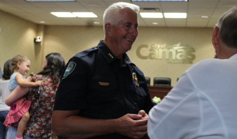 Camas Police Chief Mitch Lackey speaks to members of the public during his retirement reception Friday, June 30, 2023, at Camas City Hall. Lackey, who joined the Camas Police Department as a police officer in 1990, and became the department's chief in 2008, is retiring this month after a three-decade career in community policing.