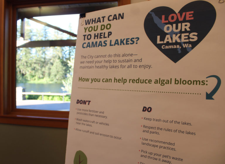 A sign offers tips on what individuals can do to help improve lake water quality during a city of Camas open house Wednesday, July 12, 2023.