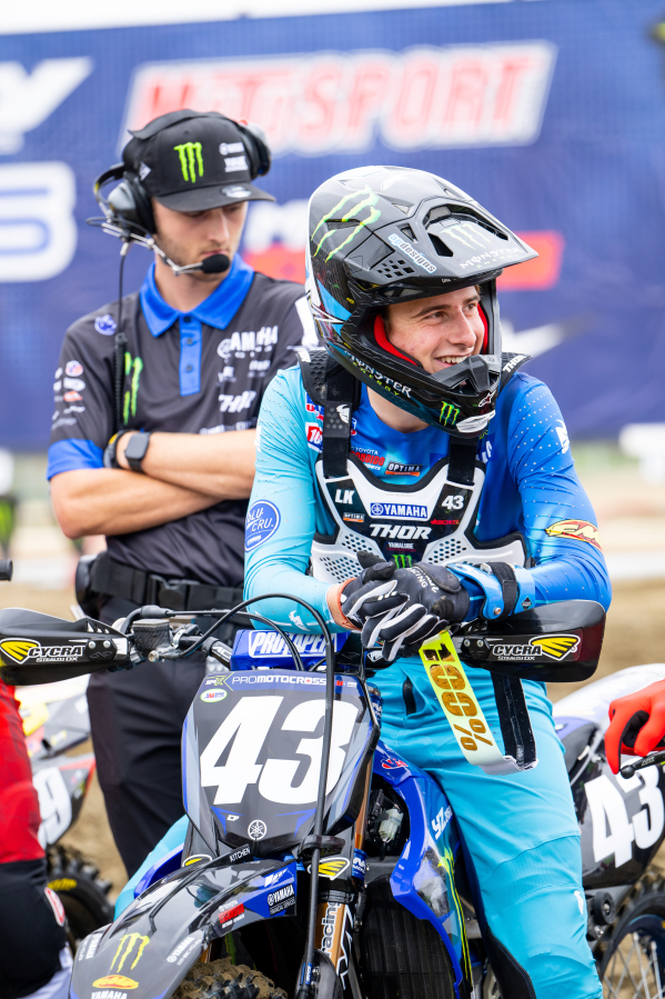 Washougal native Levi Kitchen (right) smiles during a break in the action at a Pro Motocross race in Pala, Calif., on Saturday, May 27, 2023.