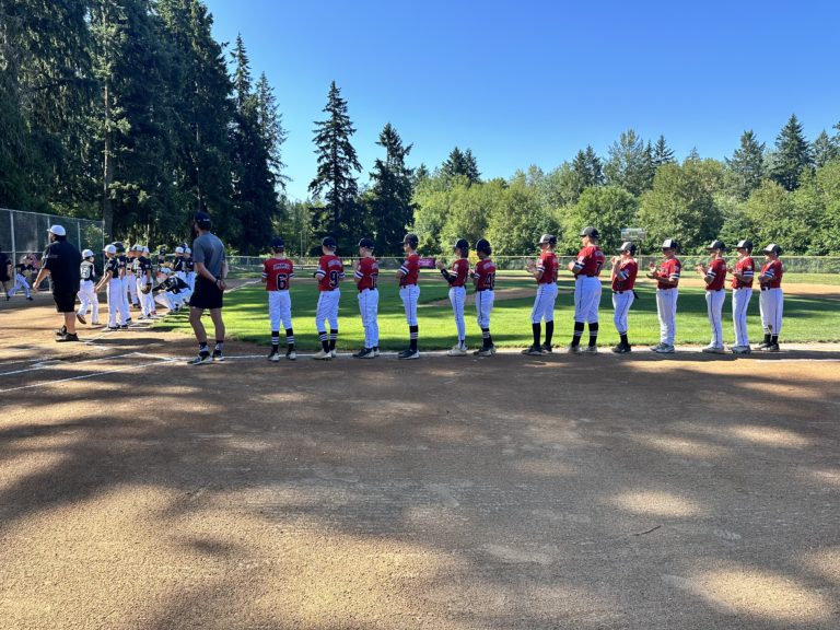 Members of the Camas 11U All-Stars Little League (ages 9-11) baseball team compete at the District 4 championship game on July 7, 2023.