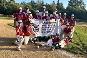 Members of the Camas 11U All-Stars Little League (ages 9-11) baseball team won the District 4 championship July 7, 2023. The team will compete at the state level beginning July 22, in Anacortes, Wash. (Contributed photo courtesy of Kaleigh Piel) 