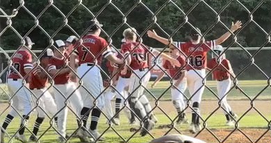 Members of the Camas 11U All-Stars Little League (ages 9-11) baseball team celebrate after winning the District 4 championship game 11-3 over the East County team on July 7, 2023.