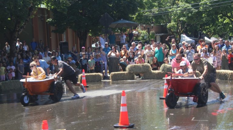 Competitors participate in the 2023 Camas Days bathtub races near the Camas library Saturday, July 22, 2023.