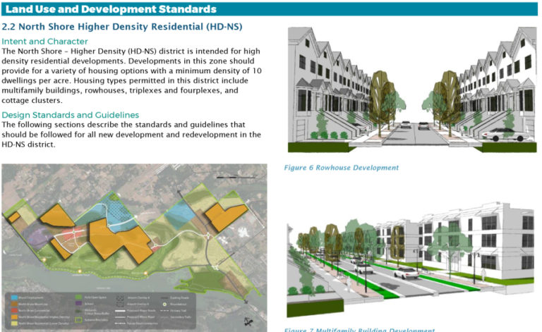 Illustrations show design and zoning plans for Camas' North Shore area north of Lacamas Lake.