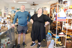 Siblings Bryce Caldwell (left) and Shelley Caldwell, owners of Bridge Island Arts and Vintage shop, stand inside their newly opened shop at 1902 S.E. Sixth Ave., in Camas, Monday, July 31, 2023. (Kelly Moyer/Post-Record)