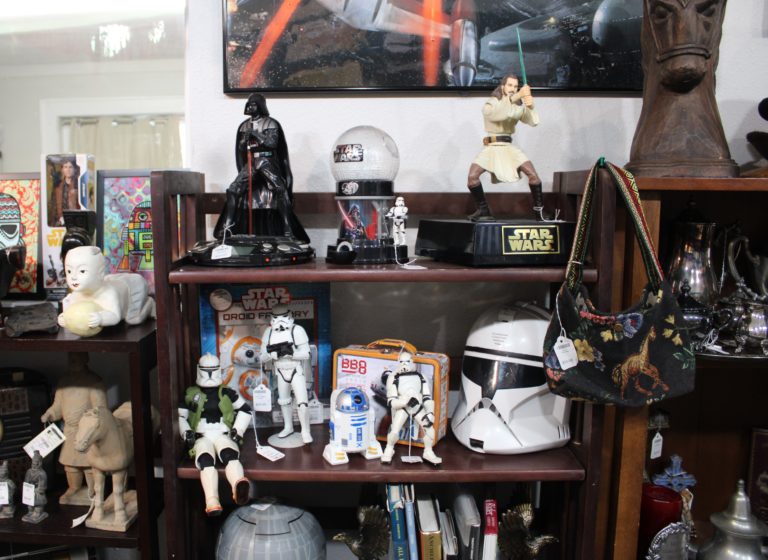 An assortment of vintage Star Wars figurines and accessories is pictured Monday, July 31, 2023, inside Bridge Island Arts and Vintage shop in Camas.