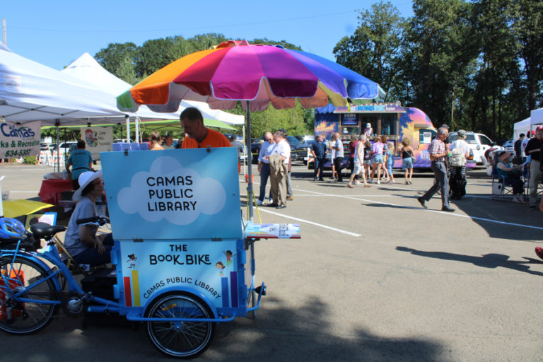 The Camas Public Library's Book Bike greets visitors at the July 27, 2023, grand reopening of Camas' Riverside Bowl Skatepark.