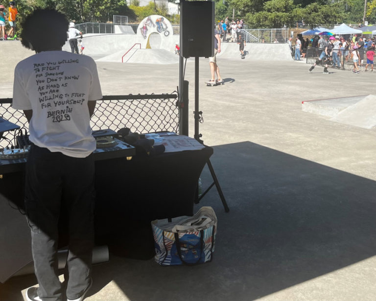 A SameWave Radio DJ plays music while skateboarders and other users enjoy the newly revamped Riverside Bowl Skatepark in Camas Thursday, July 27, 2023.