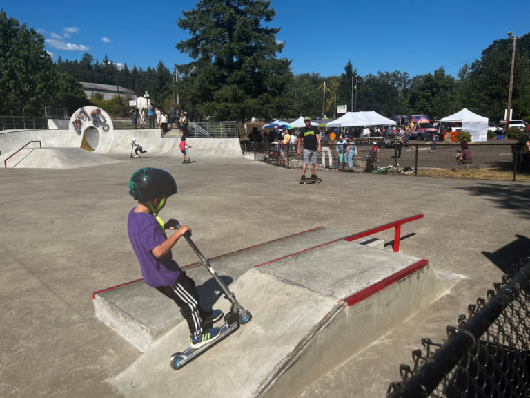 Youth enjoy the newly revamped Riverside Bowl Skatepark in Camas Thursday, July 27, 2023, during the city's grand reopening event celebrating the skatepark.