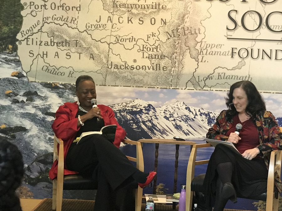 Washougal resident Donna Sinclair (right) and former United States Forest Service forest supervisor Gloria Brown talk about their book, 