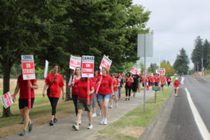 Members of the Camas teachers' union strike outside Camas High School Monday, Aug. 28, 2023. (Photos by Kelly Moyer/Post-Record)