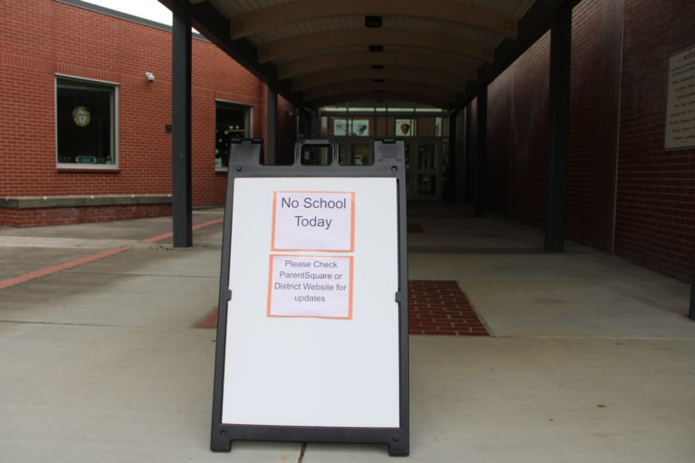 A sign outside Liberty Middle School in Camas Monday, Aug. 28, 2023, says there is "no school today." Teachers in Camas are striking over cost-of-living increases, classroom sizes and funding for music, library, health and physical education programs.