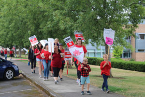 Members of the Camas Education Association and their supporters walk the picket line near Helen Baller Elementary School in Camas Aug. 28, 2023. The Camas teachers' strike lasted Aug. 28 through Sept. 7, and resulted in seven missed school days. On Sept. 18, 2023, the Camas School Board approved a 2023-24 school year calendar accounting for those missed days. (Kelly Moyer/Post-Record files)