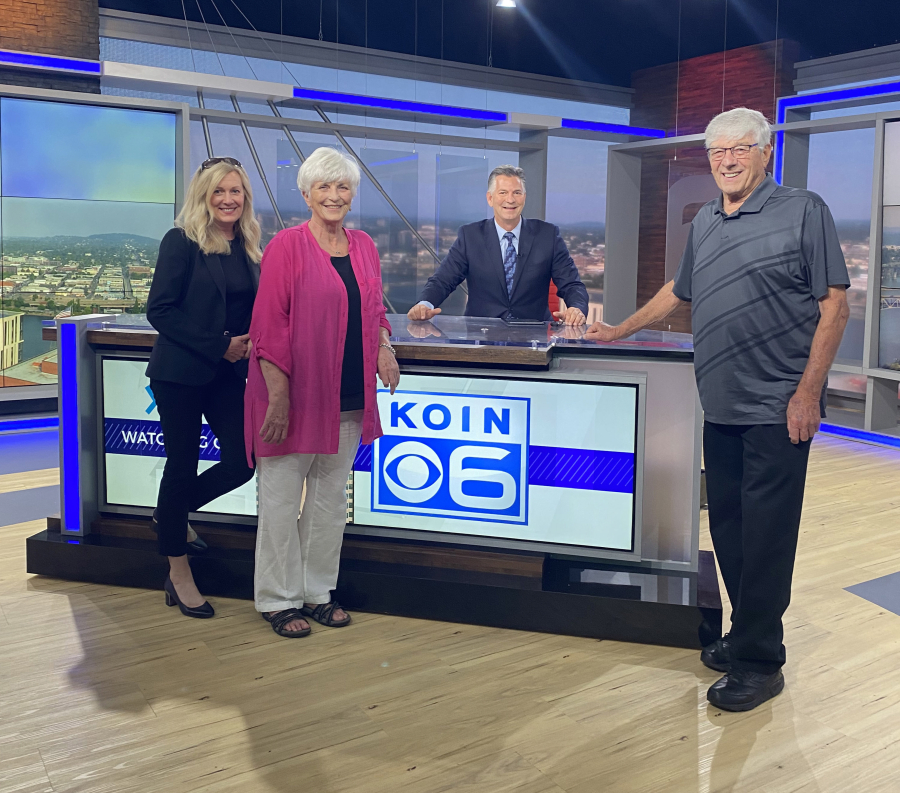 Camas resident Wayne Havrelly (second from right) is joined at the KOIN news studios in Portland Aug. 27, 2023, by his wife Julie (far left), mother Sandy (second from left) and father Gus (far right) for the final newscast of his 40-year broadcasting career. (Contributed photo courtesy of Wayne Havrelly)